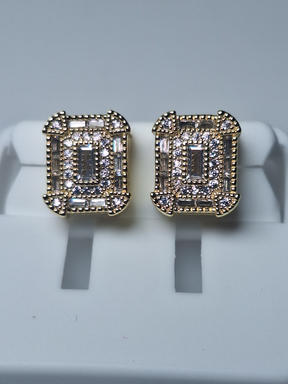14K Gold Tone Iced Out CZ Stud Earrings – 9.5mm x 11.5mm Large Cluster Micro Pav